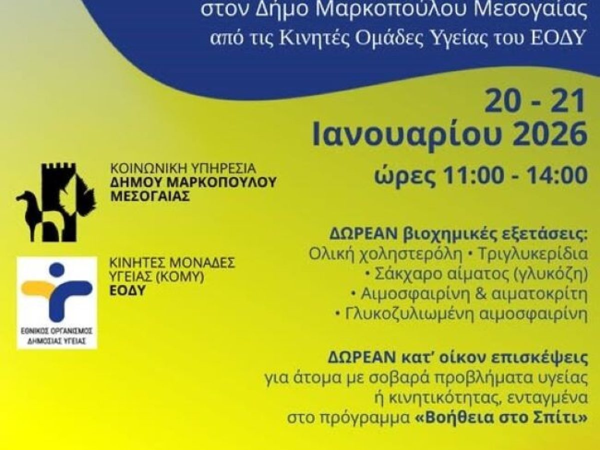 Δήμος Μαρκοπούλου: Δωρεάν Δράσεις Πρωτοβάθμιας Φροντίδας Υγείας από Κινητές Ομάδες Υγείας ΕΟΔΥ – anattica