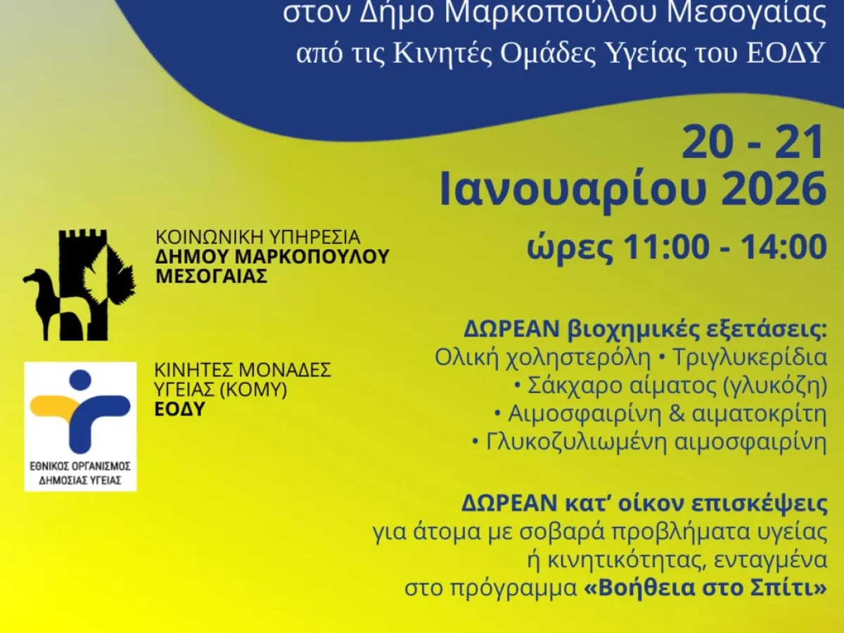 Δωρεάν Δράσεις Πρωτοβάθμιας Φροντίδας Υγείας στον Δήμο Μαρκοπούλου Μεσογαίας