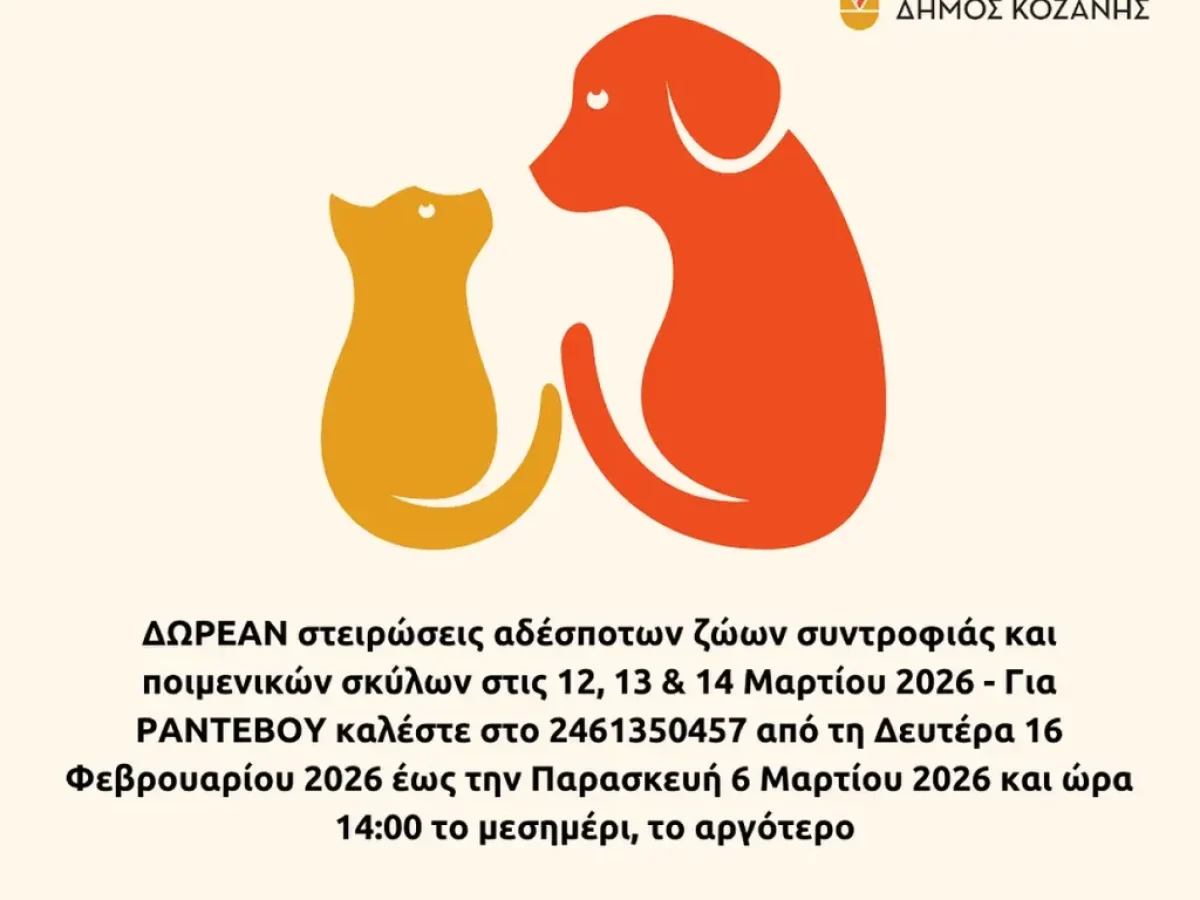 Δήμος Κοζάνης: Δωρεάν στειρώσεις αδέσποτων ζώων συντροφιάς και ποιμενικών σκύλων στις 12, 13 & 14 Μαρτίου