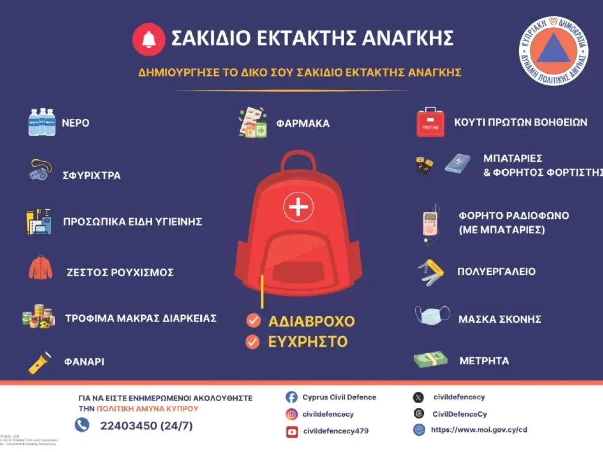 Κύπρος: «Φτιάξε το δικό σου σακίδιο έκτακτης ανάγκης» – Οι οδηγίες προς τους πολίτες!