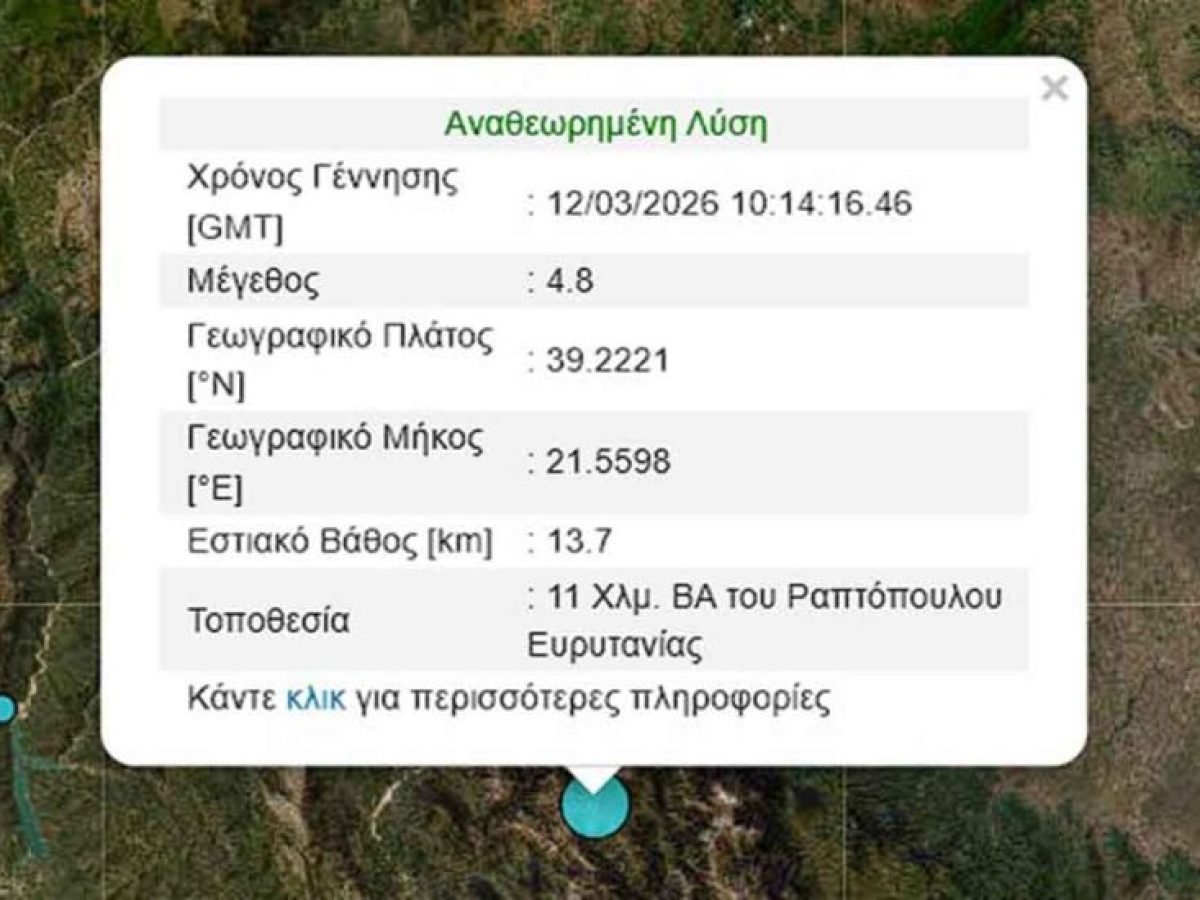 Σεισμός 4,8 Ρίχτερ στο Ραπτόπουλο Ευρυτανίας – Ιδιαίτερα αισθητός στην Αιτωλοακαρνανία