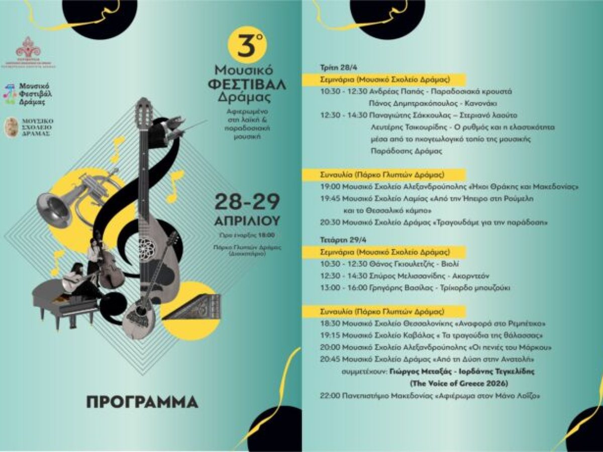 3ο Mουσικό Φεστιβάλ Δράμας:  Αφιερωμένο στη λαϊκή και παραδοσιακή μουσική από το Μουσικό Σχολείο Δράμας