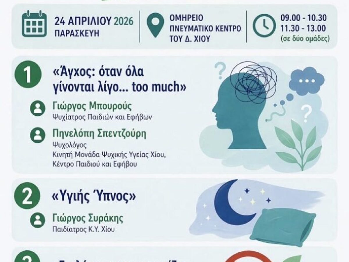 Ημερίδα Υγείας για μαθητές Γυμνασίου και Λυκείου: Αγχος, ύπνος, κάπνισμα, 24/4