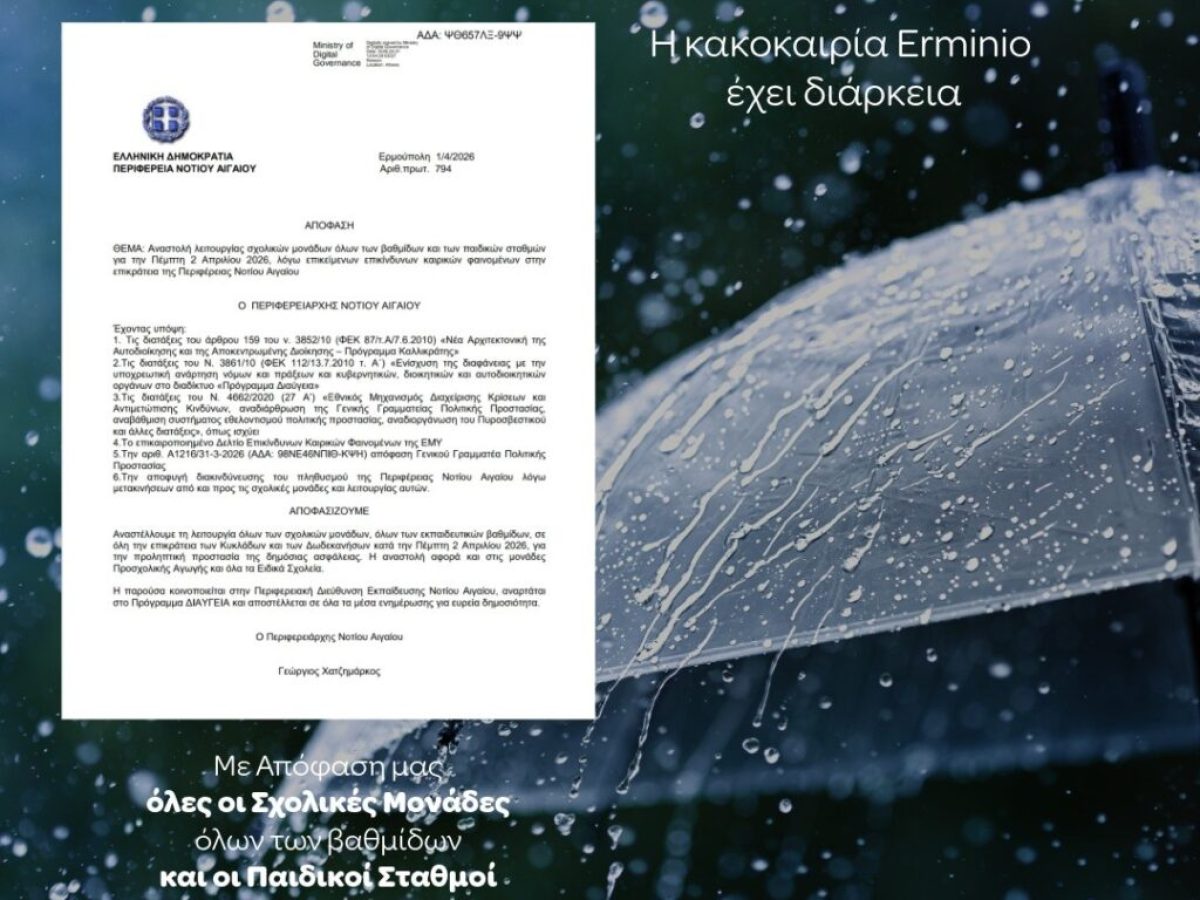 Κλειστά τα σχολεία στο Νότιο Αιγαίο και την Πέμπτη 2 Απριλίου με απόφαση του Περιφερειάρχη, λόγω της κακοκαιρίας Erminio