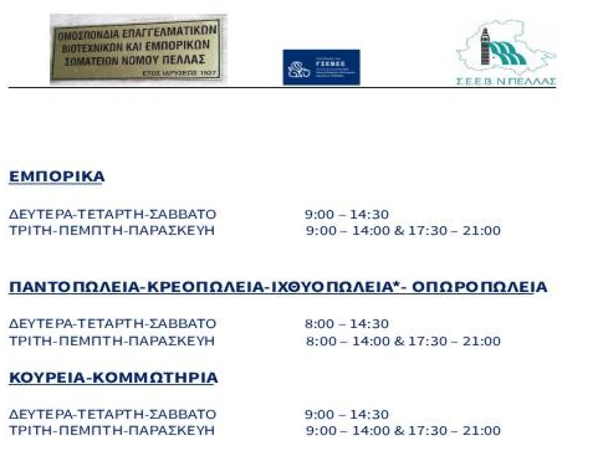Ομοσπονδία Επαγγ. Βιοτεχνικών-Εμπορικών Σωματείων Ν. Πέλλας: Θερινό ωράριο